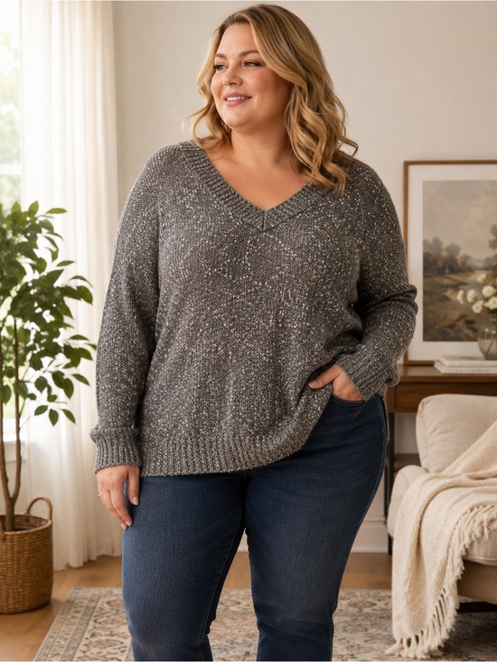 Old Navy Sweaters - Old Navy Womens 2X Green Marled V-Neck‎ Tunic Sweater Oversized Cotton Blend